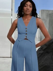 BizChic Button Front Crop Vest Blazer - Dusty Blue - View 3