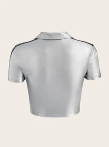 SHEIN ICON Bikercore Áo phông Crop Rave In Sao Dây kéo Kim loại - Bạc - Xem 4