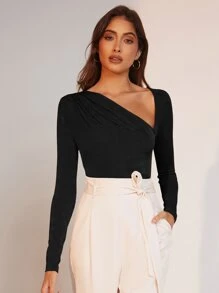 BizChic Asymmetrical Neck Ruched Bodysuit Workwear - Black - View 3