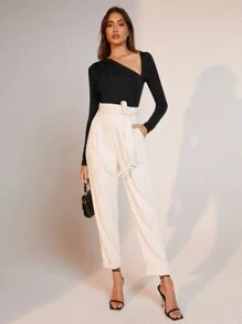 BizChic Asymmetrical Neck Ruched Bodysuit Workwear - Black - View 4