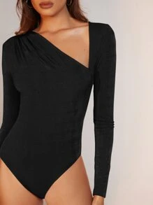 BizChic Asymmetrical Neck Ruched Bodysuit Workwear - Black - View 5