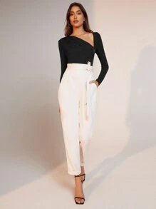 BizChic Asymmetrical Neck Ruched Bodysuit Workwear - Black - View 6