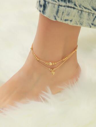 1pc 24K Gold Plated Elegant Double Beaded Heart Shaped Anklet, Suitable For Women's Daily Wear And Holiday Gifts