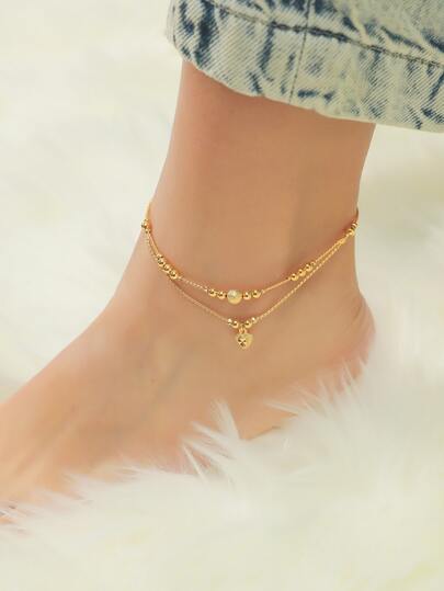 1pc 24K Gold Plated Elegant Double Beaded Heart Shaped Anklet, Suitable For Women's Daily Wear And Holiday Gifts