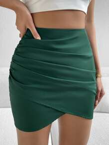 SHEIN Privé High Waist Tulip Hem Ruched Bodycon Skirt - Dark Green - View 1