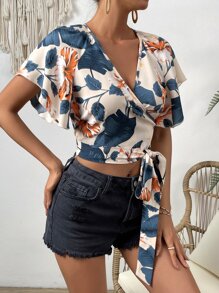 SHEIN VCAY 熱帶圖案蝴蝶袖側打結圍裹女士襯衫 - 彩色 - 查看 4