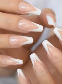 使用24入組長棺材白色法式漸變風格假指甲和1入組指甲銼、1張指甲膠帶和1入組指甲棒打造迷人魅力 - 彩色 - 查看 3