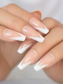 使用24入組長棺材白色法式漸變風格假指甲和1入組指甲銼、1張指甲膠帶和1入組指甲棒打造迷人魅力 - 彩色 - 查看 4