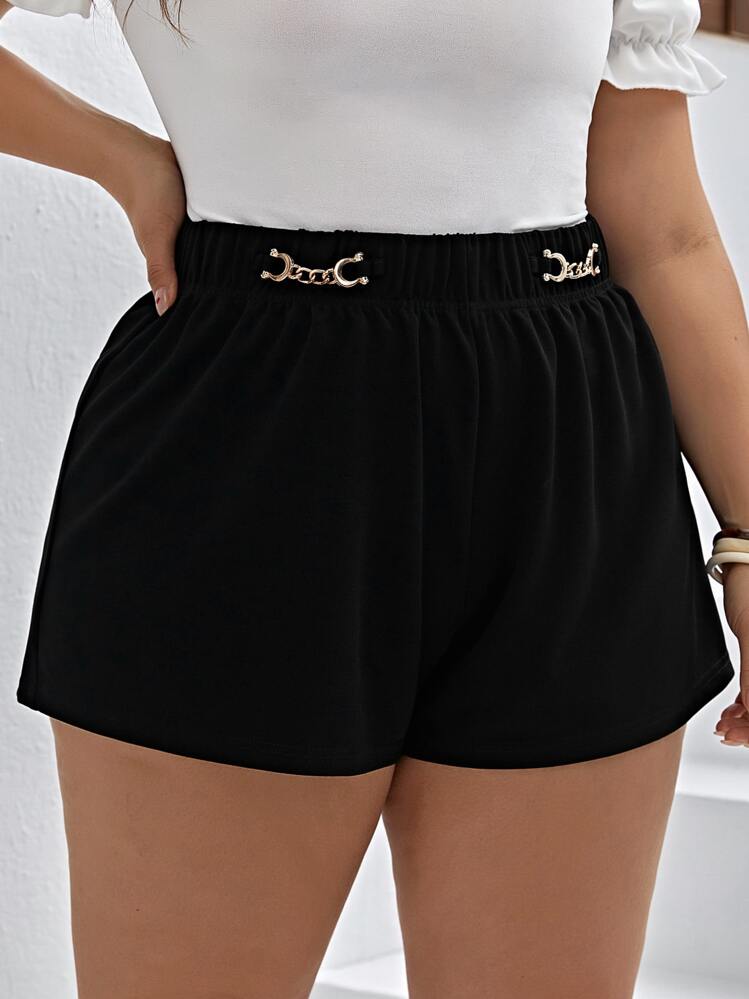 SHEIN Privé Plus Chain Detail Elastic Waist Shorts - Black - View 5