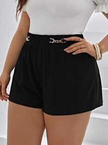 SHEIN Privé 大碼鏈條細節彈性腰帶短褲 - 黑色 - 查看 1