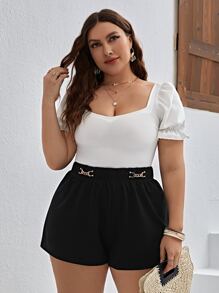 SHEIN Privé 大碼鏈條細節彈性腰帶短褲 - 黑色 - 查看 6