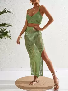 SHEIN VCAY Hollow Out Split Thigh Cover Up Set Without Bikini Set - Mint Green - View 5