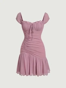 SHEIN MOD 優雅褶皺邊 打結 木耳邊 褶邊 荷葉邊 胸部褶皺純色女士連衣裙 - 藕粉色 - 查看 2