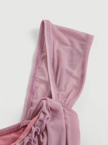 SHEIN MOD 優雅褶皺邊 打結 木耳邊 褶邊 荷葉邊 胸部褶皺純色女士連衣裙 - 藕粉色 - 查看 5