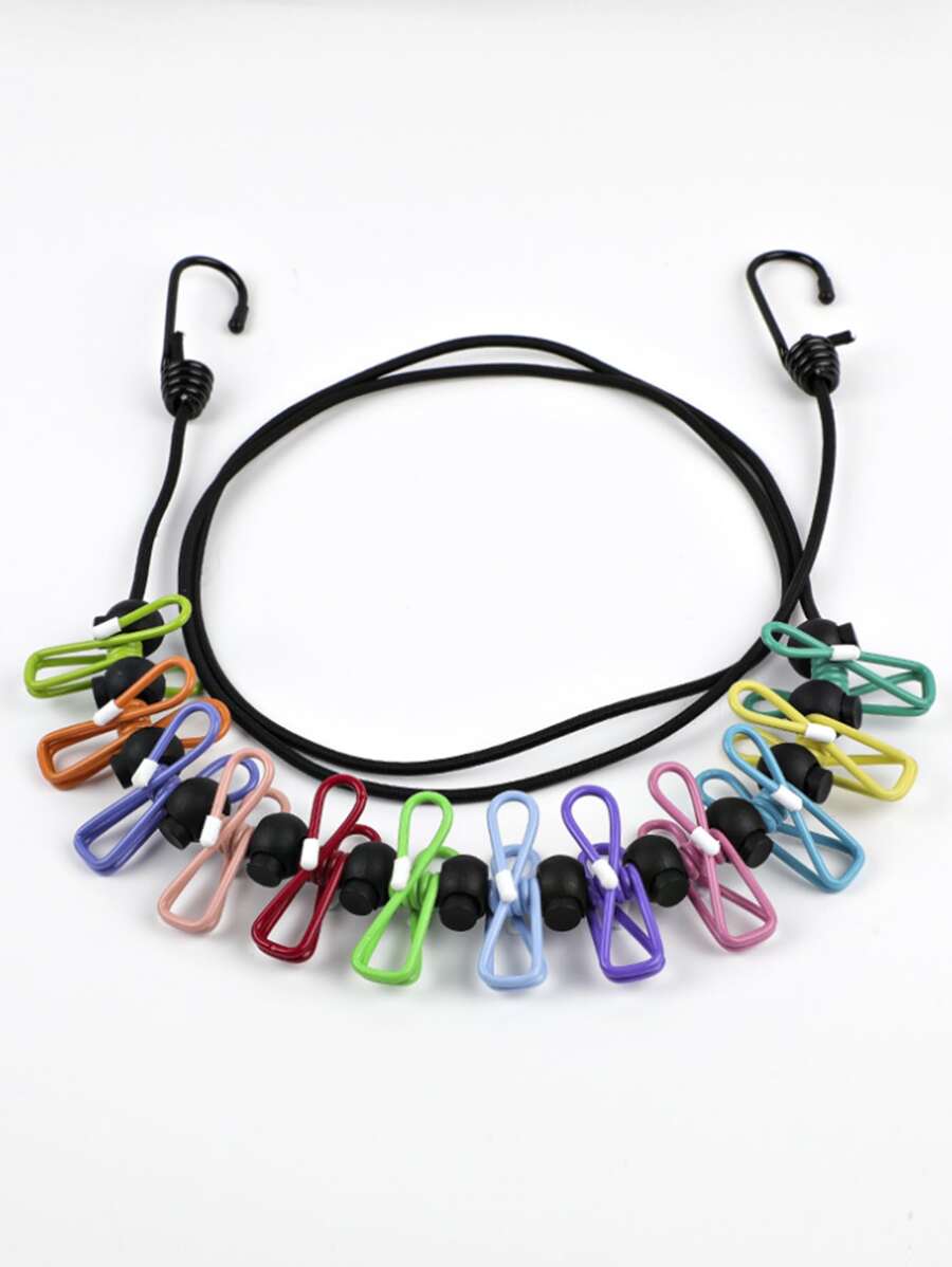 1pc Diy Creative Multicolor Clips(12pcs) Random Color With Anti-slip Buckle, 1.8m Stretchable Clothesline, Portable For Outdoor And Travel Use - Multicolor - View 1
