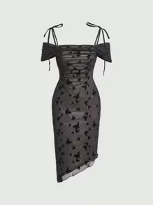 SHEIN MOD Vestido con estampado de mariposa fruncido bajo asimétrico de malla - Negro - Ver 1