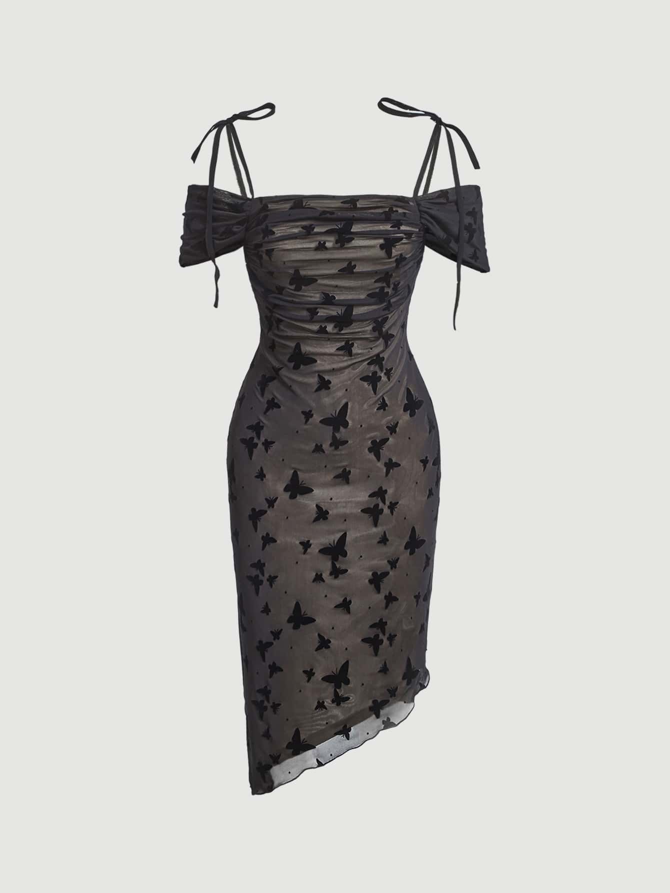 SHEIN MOD Vestido con estampado de mariposa fruncido bajo asimétrico de malla - Negro - Ver 1