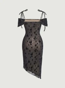 SHEIN MOD Vestido con estampado de mariposa fruncido bajo asimétrico de malla - Negro - Ver 2