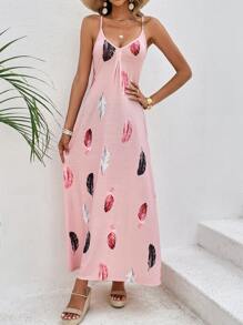 SHEIN VCAY 羽毛印花吊帶洋裝 - 淺粉色 - 查看 6