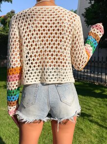 Breezaya Floral Pattern Hollow Out Button Front Open Knit Cardigan Fall Winter Cloth For Women - Multicolor - View 2