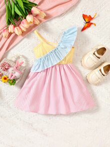 SHEIN Vintaside Kids Baby Girl Striped Asymmetrical Neck Ruffle Trim Dress - Multicolor - View 1