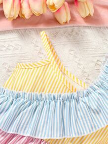 SHEIN Vintaside Kids Baby Girl Striped Asymmetrical Neck Ruffle Trim Dress - Multicolor - View 3