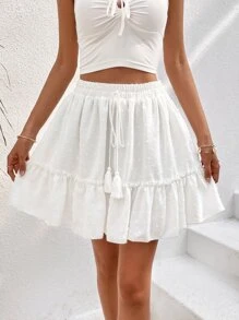 SHEIN VCAY Swiss Dot Tassel Tie Front Ruffle Hem Skirt - White - View 3