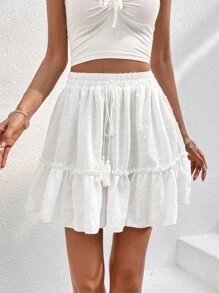SHEIN VCAY Swiss Dot Tassel Tie Front Ruffle Hem Skirt - White - View 1