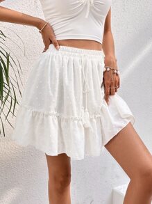 SHEIN VCAY Swiss Dot Tassel Tie Front Ruffle Hem Skirt - White - View 6