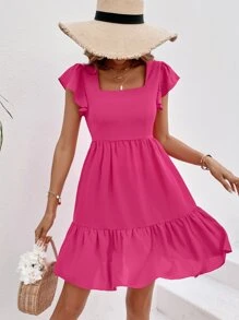 SHEIN VCAY 方領荷葉邊連衣裙 - 玫紅色 - 查看 1