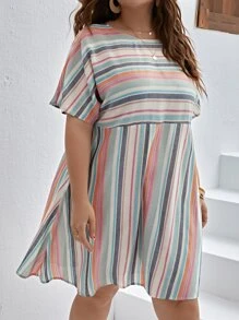 SHEIN VCAY Plus Striped Print Batwing Sleeve Smock Dress - Multicolor - View 2