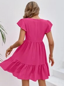 SHEIN VCAY 方領荷葉邊連衣裙 - 玫紅色 - 查看 2