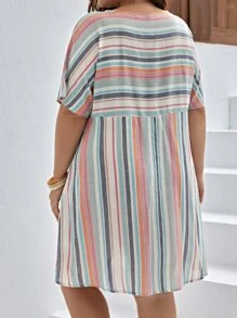 SHEIN VCAY Plus Striped Print Batwing Sleeve Smock Dress - Multicolor - View 3