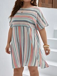 SHEIN VCAY Plus Striped Print Batwing Sleeve Smock Dress - Multicolor - View 5