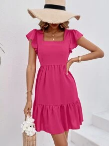 SHEIN VCAY 方領荷葉邊連衣裙 - 玫紅色 - 查看 4