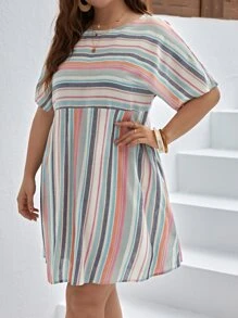SHEIN VCAY Plus Striped Print Batwing Sleeve Smock Dress - Multicolor - View 4