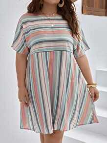 SHEIN VCAY Plus Striped Print Batwing Sleeve Smock Dress - Multicolor - View 1