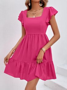 SHEIN VCAY 方領荷葉邊連衣裙 - 玫紅色 - 查看 6