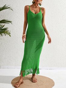 SHEIN VCAY 流蘇下擺針織罩衫連衣裙 - 青檸色 - 查看 6