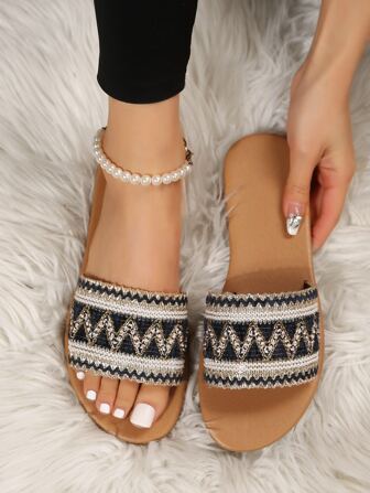 Mujer Sandalias con patrón de cheurón con banda única plano moda de tela