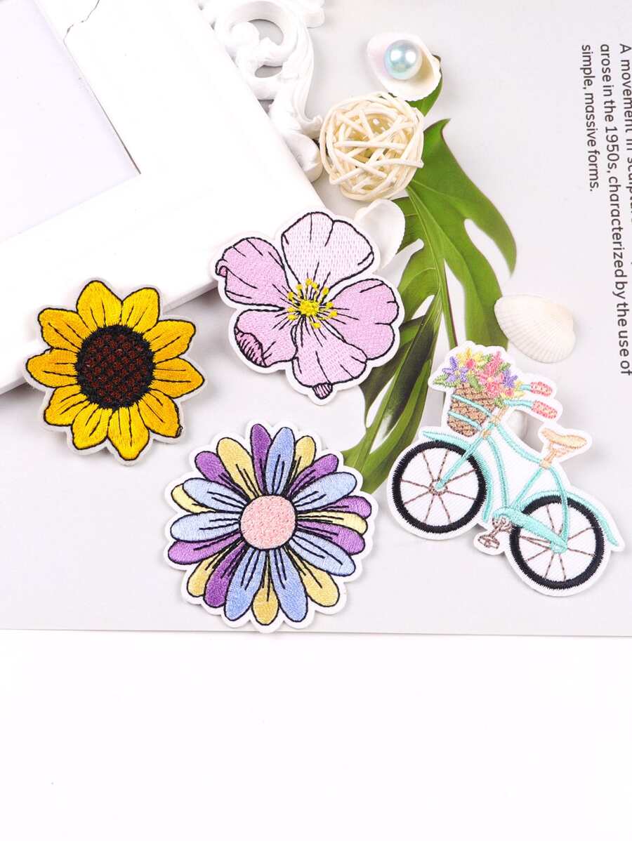 4入組/套花朵和自行車刺繡熨燙貼片可愛滌綸DIY服裝配飾用於衣服裝飾 - 彩色 - 查看 1