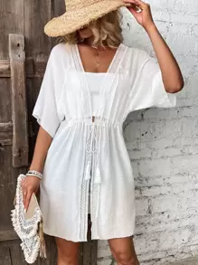 SHEIN Swim Kimono cu mâneci raglan din dantelă în contrast în talie