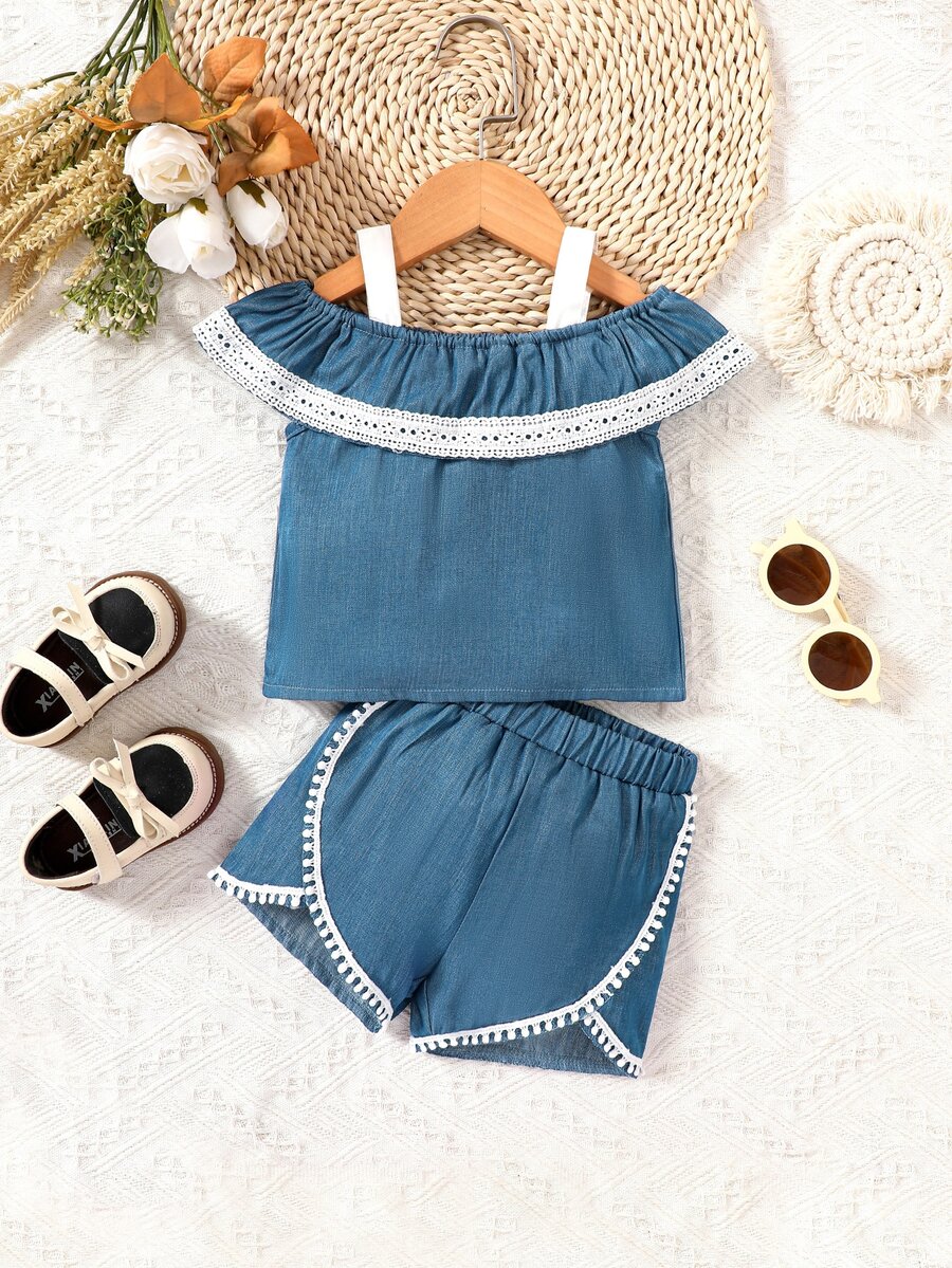 Bebé Shorts con top con encaje en contraste de hombros descubiertos ribete con fruncido - Azul - Ver 1