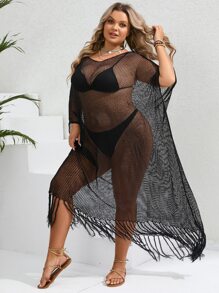 SHEIN VCAY Plus Fringe Hem Batwing Sleeve Open Knit Cover Up Dress Without Bikini Set - Black - View 1