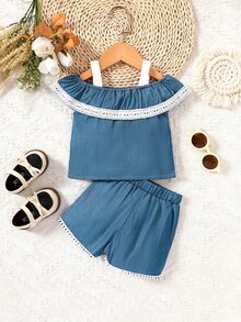 Bebé Shorts con top con encaje en contraste de hombros descubiertos ribete con fruncido - Azul - Ver 2