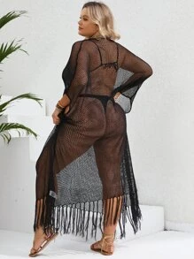 SHEIN VCAY Plus Fringe Hem Batwing Sleeve Open Knit Cover Up Dress Without Bikini Set - Black - View 2