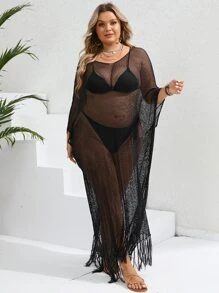SHEIN VCAY Plus Fringe Hem Batwing Sleeve Open Knit Cover Up Dress Without Bikini Set - Black - View 3