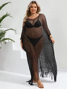 SHEIN VCAY Plus Fringe Hem Batwing Sleeve Open Knit Cover Up Dress Without Bikini Set - Black - View 4