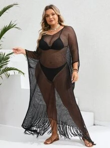 SHEIN VCAY Plus Fringe Hem Batwing Sleeve Open Knit Cover Up Dress Without Bikini Set - Black - View 5