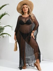 SHEIN VCAY Plus Fringe Hem Batwing Sleeve Open Knit Cover Up Dress Without Bikini Set - Black - View 6